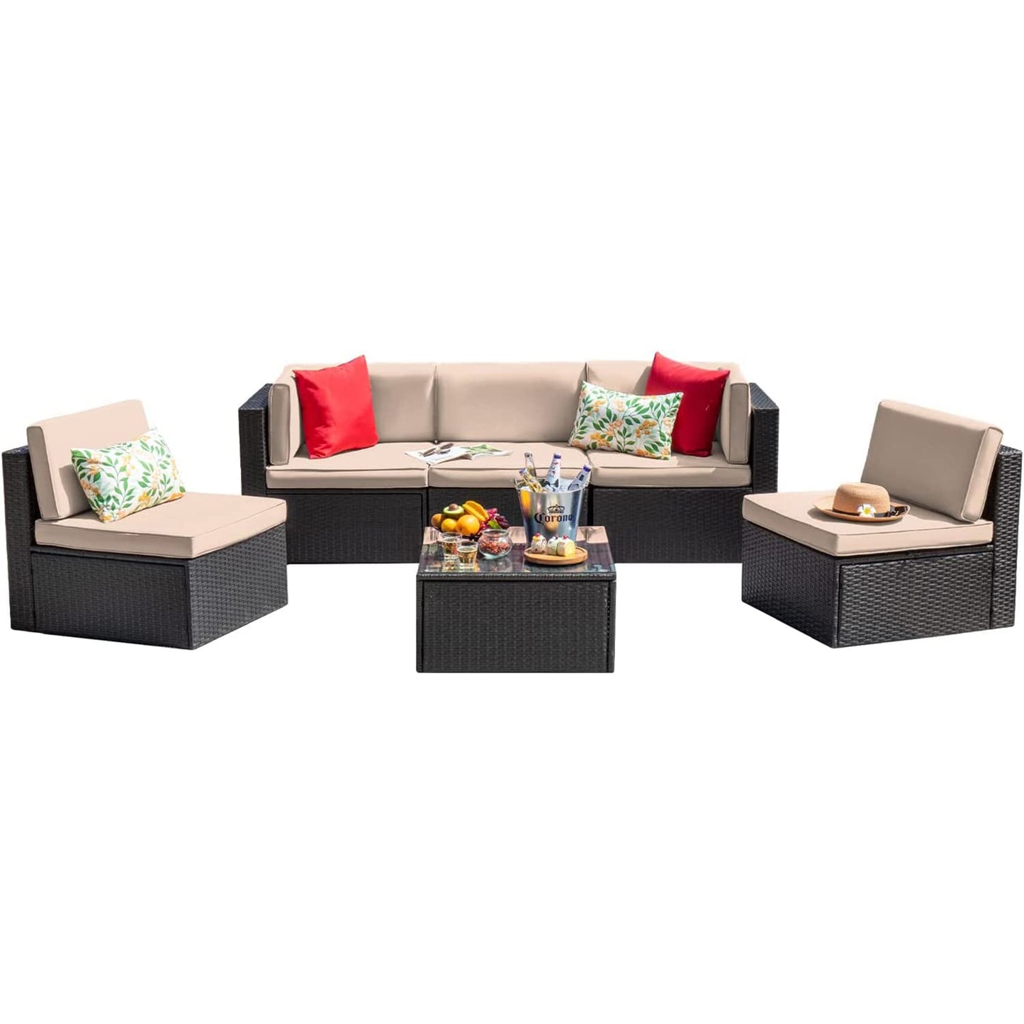 Devoko Patio Furniture Sets 6 Pieces Outdoor Sectional Rattan Sofa Manual Weaving Wicker Patio Conversation Set with Glass Table and Cushion (Beige) - WoodArtSupply