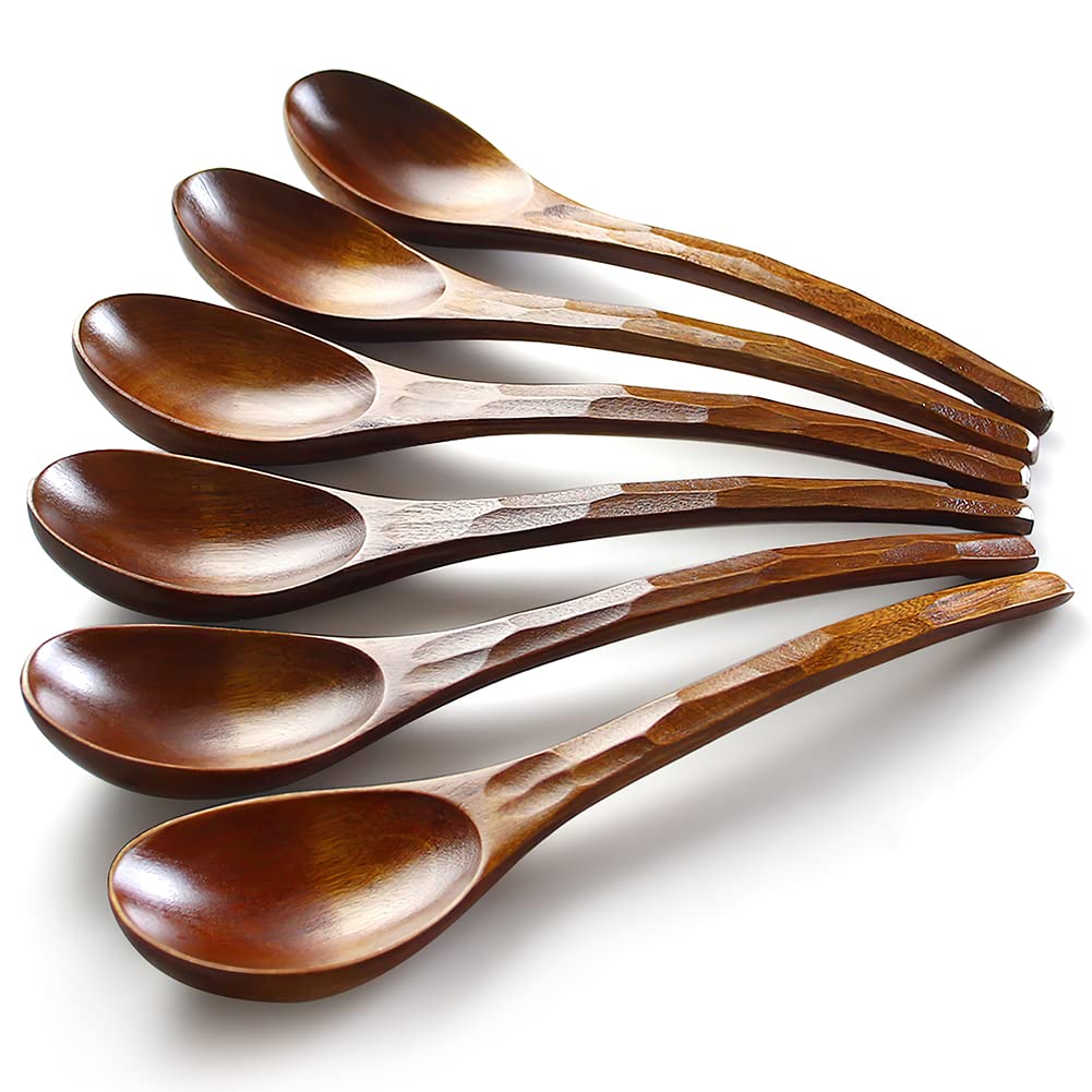 Soup Spoons,AOOSY Wooden Soup Spoons, 6 Pieces 7.84 inches Japanese Ramen Spoons Round Nanmu Wood Long Handle Rice Dessert Cooking Tasting Dinner Table Spoon for Kitchen Restaurant AOOSY