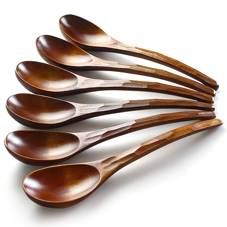 Soup Spoons,AOOSY Wooden Soup Spoons, 6 Pieces 7.84 inches Japanese Ramen Spoons Round Nanmu Wood Long Handle Rice Dessert Cooking Tasting Dinner Table Spoon for Kitchen Restaurant AOOSY