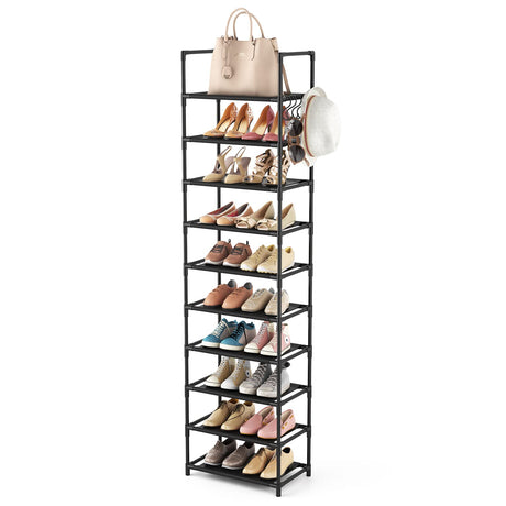 LANTEFUL 10 Tiers Tall Shoe Rack 20-25 Pairs Boots Organizer Storage Sturdy Narrow Shoe Shelf for Entryway, Closets with Hooks, Black LANTEFUL