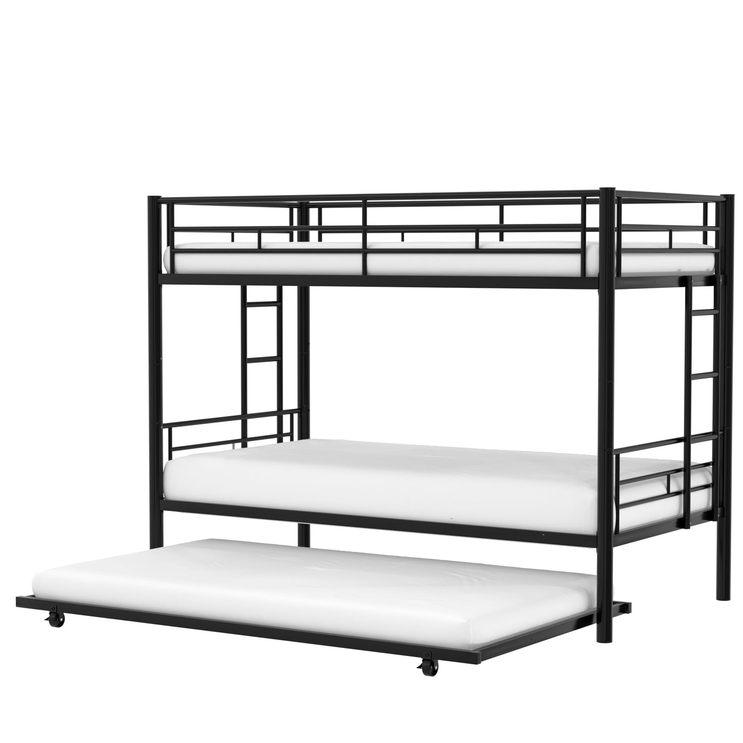 VECELO Twin Over Twin Bunk Bed with Trundle, Metal Bunkbeds with Ladder and Full-Length Guardrail, Noise Free, No Box Spring Needed, Black