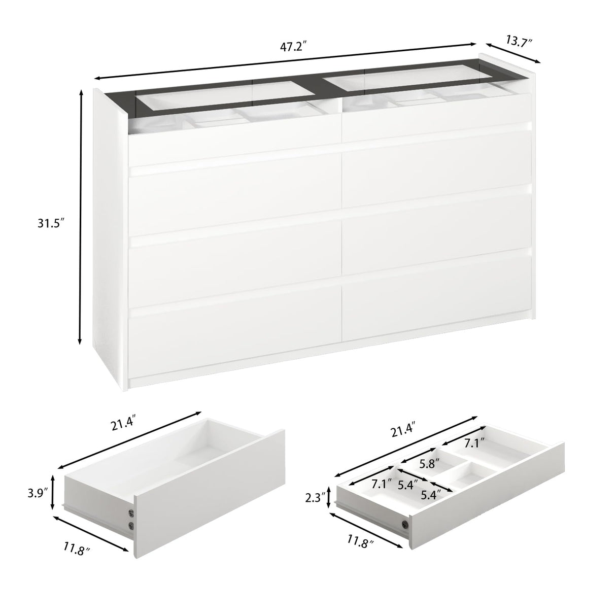 White 8 Drawer Dresser for Bedroom with LED Light, Modern Dresser Chest of Drawers with Hidden Handles and Glass Top, Dressers Organizer for Bedroom, Closet, Living Room LIVAUVEAD