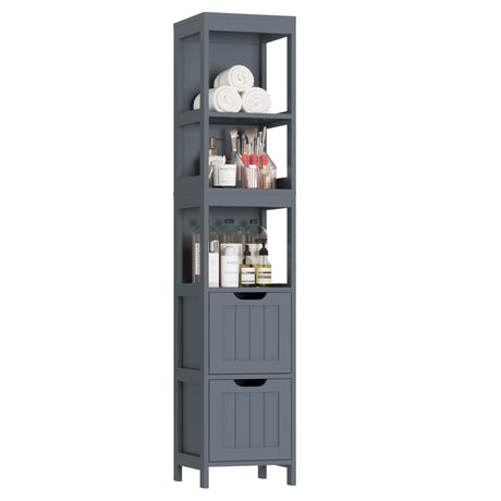 HOMEFORT Bathroom Storage Cabinet, Slim Tall Cabinet, Narrow Floor Cabinet Organizer, Wooden Linen Tower with 2 Drawers and 3 Shelves, Freestanding Storage Cupboard Grey HOMEFORT