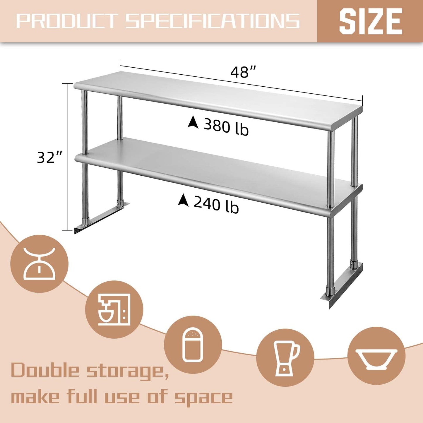 Hally Double Overshelf of Stainless Steel 12'' x 48'' Weight Capacity 380lb, Commercial 2 Tier Shelf for Prep & Work Table in Restaurant, Home and Kitchen - WoodArtSupply