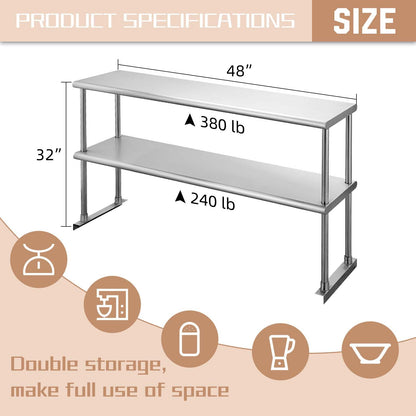 Hally Double Overshelf of Stainless Steel 12'' x 48'' Weight Capacity 380lb, Commercial 2 Tier Shelf for Prep & Work Table in Restaurant, Home and Kitchen - WoodArtSupply