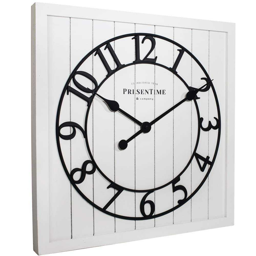 Presentime & Co 21" Farmhouse Square Shiplap Barn Door Wood Clock - White, Arabic Numeral. Home Decoration/Wall Decoration/Farmhouse Décor for Living Room, Dining Room, and Entryway. Presentime