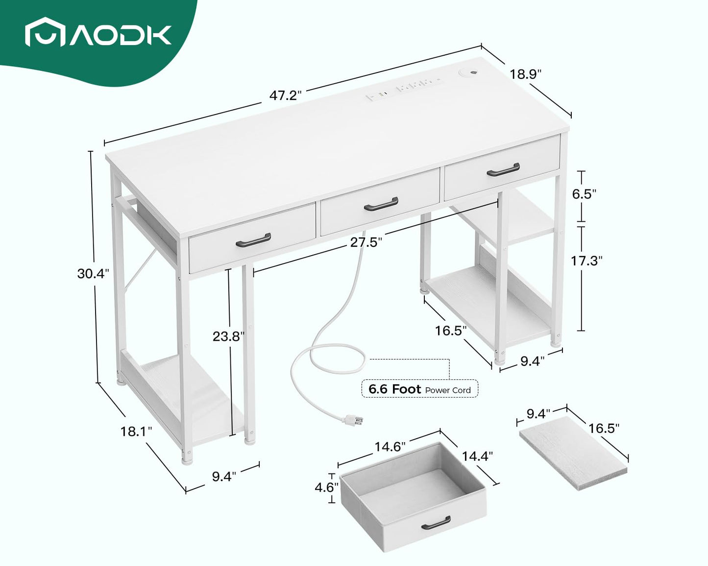 AODK 48 Inch Computer Desk with Fabric Drawers & Power Outlets, Office Desk with Storage Shelves & CPU Stand, Writing Study Table, Small Desk for Bedroom, White