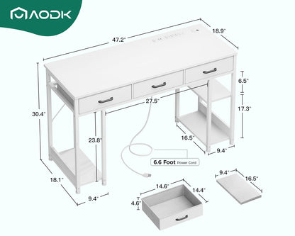 AODK 48 Inch Computer Desk with Fabric Drawers & Power Outlets, Office Desk with Storage Shelves & CPU Stand, Writing Study Table, Small Desk for Bedroom, White