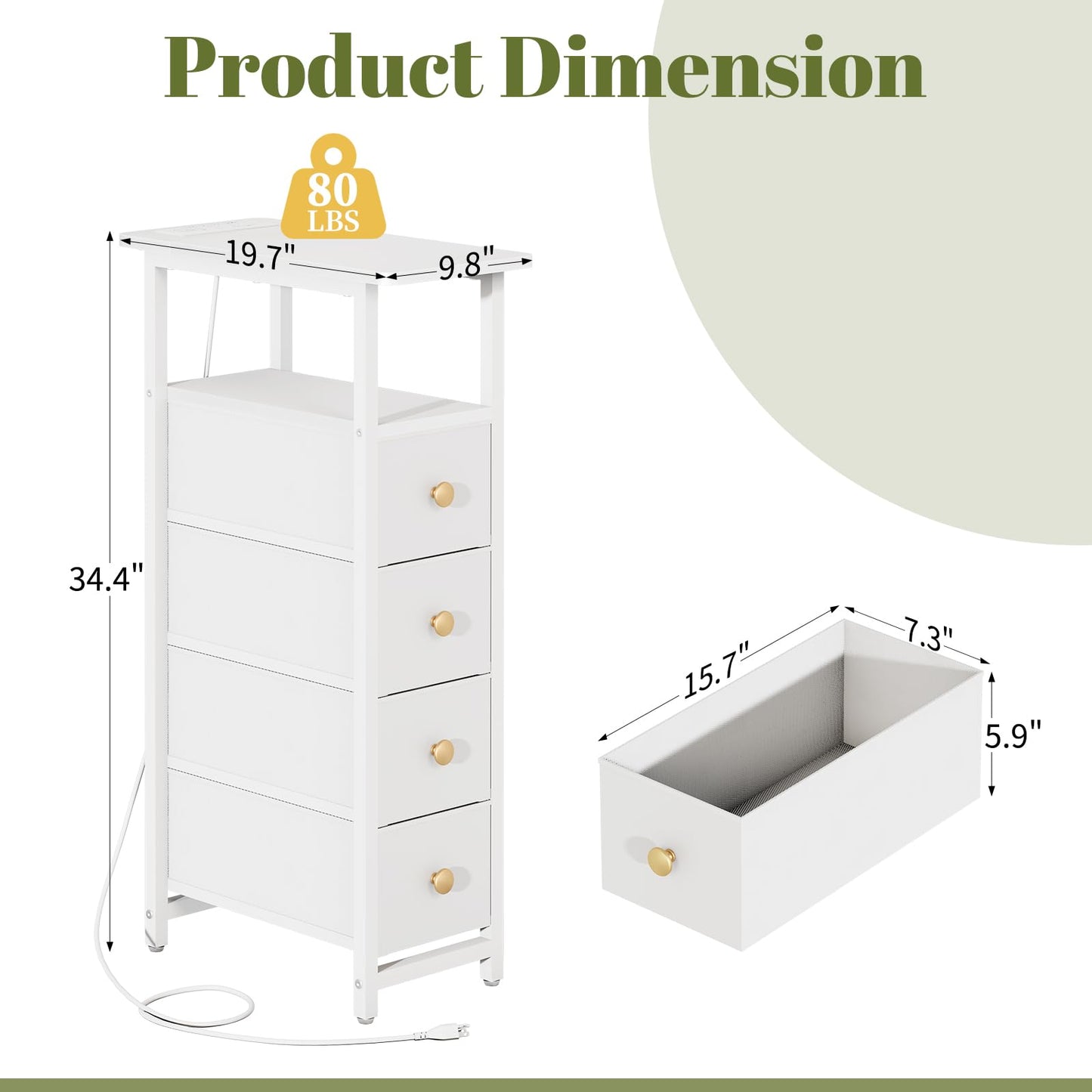 Yoobure Narrow Dresser for Bedroom, LED Slim Dresser with Charging Station, Small Dressers Chest of Drawers, Fabric Dresser Tall Skinny Cabinet Night Stand for Dorm, Small Spaces, Closet, Bathroom