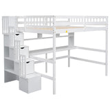 MERITLINE Luxurious Loft Bed: Full Size Loft Bed with Desk, Bookshelves and Storage Staircase, 13.8" H Safety Guard & Ladder, No Box Spring Needed, White MERITLINE