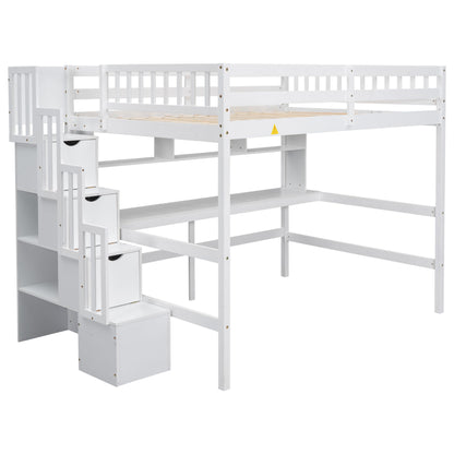 SOFTSEA White Full Loft Bed with Desk, Stairs, and Storage Shelves for Kids and Teens - WoodArtSupply