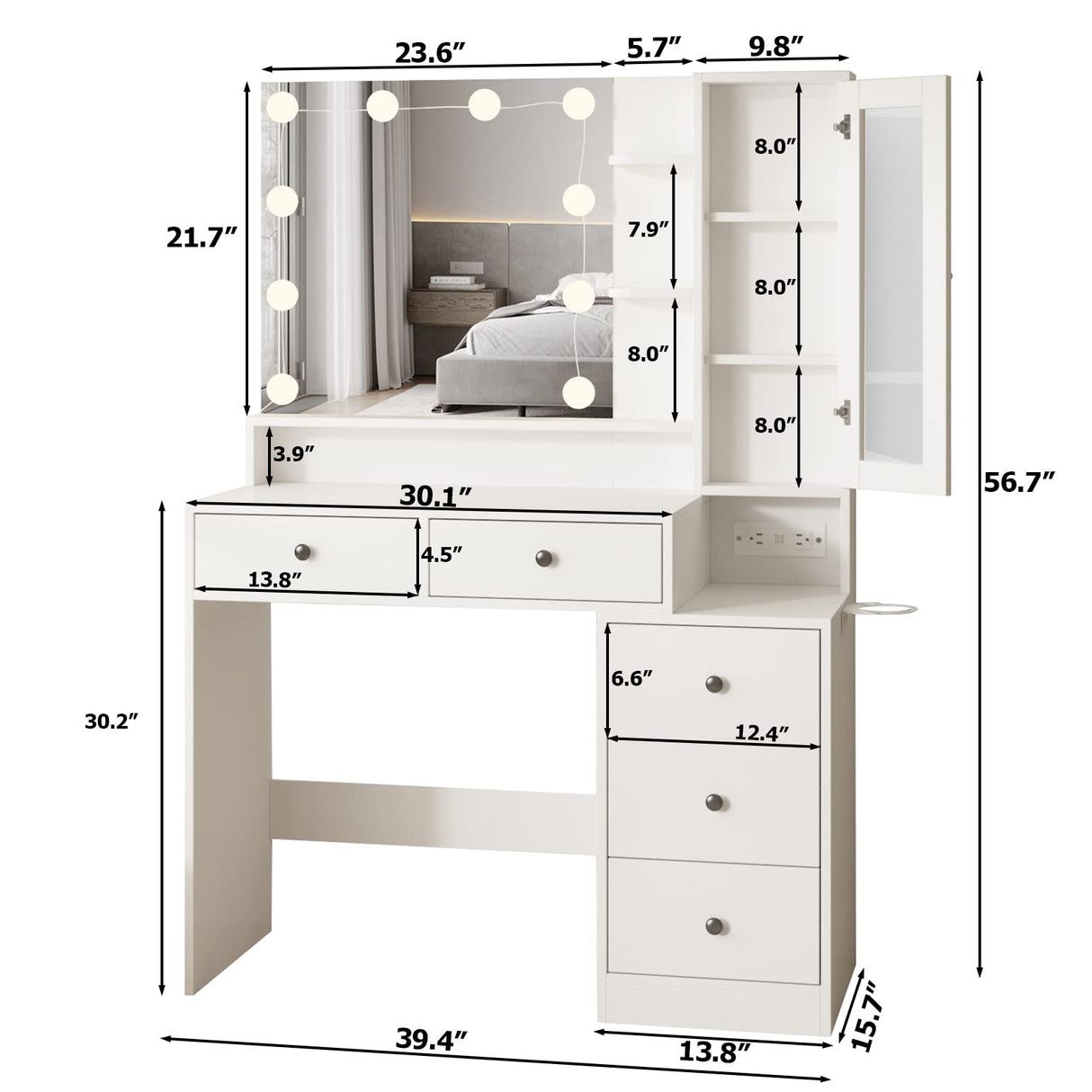 Fameill White Makeup Vanity Desk with Mirror and Lights,Vanity Table with Power Strip and Lighted Mirror,Large Makeup Table with 5 Drawers Lots Storage,3 Lighting Modes,39.4inch(L) Fameill