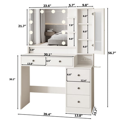 Fameill White Makeup Vanity Desk with Mirror and Lights,Vanity Table with Power Strip and Lighted Mirror,Large Makeup Table with 5 Drawers Lots Storage,3 Lighting Modes,39.4inch(L) - WoodArtSupply