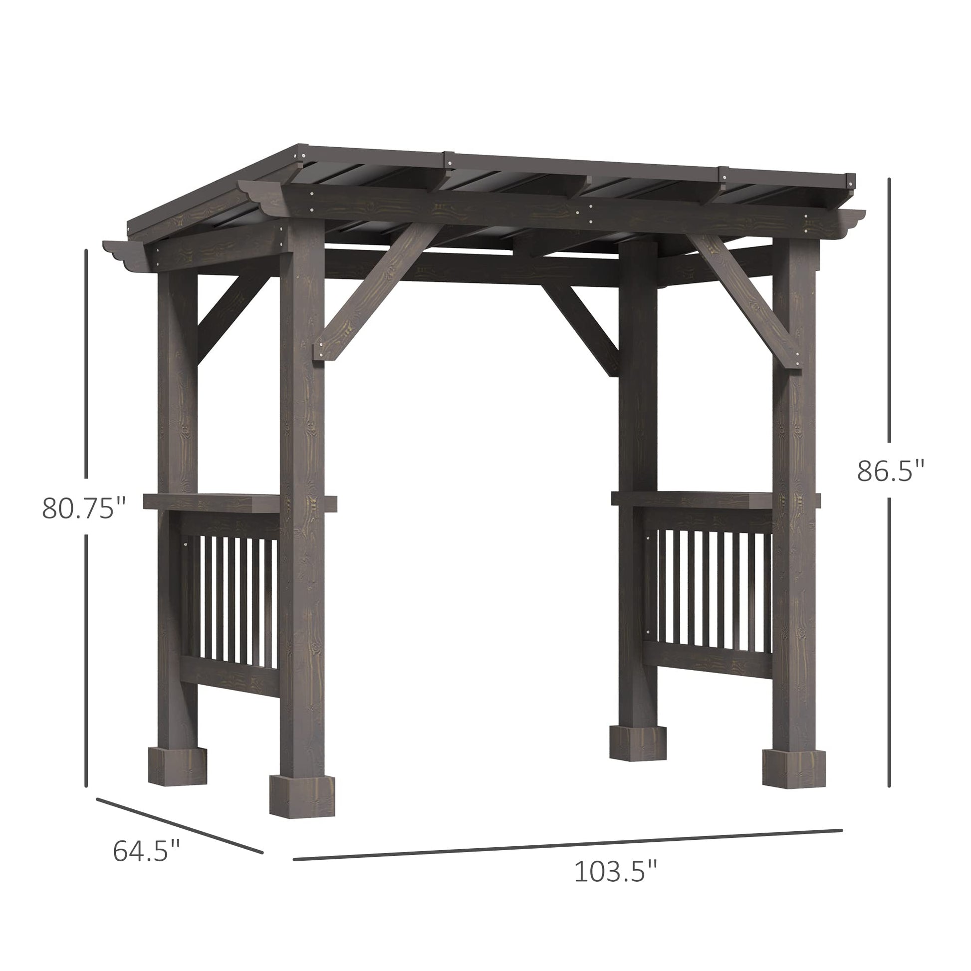 Outsunny 8' x 5' BBQ Grill Gazebo with 2 Side Shelves, Outdoor Hardtop Barbecue Barrier with Slanted Steel roof, Solid Wood Frame - WoodArtSupply