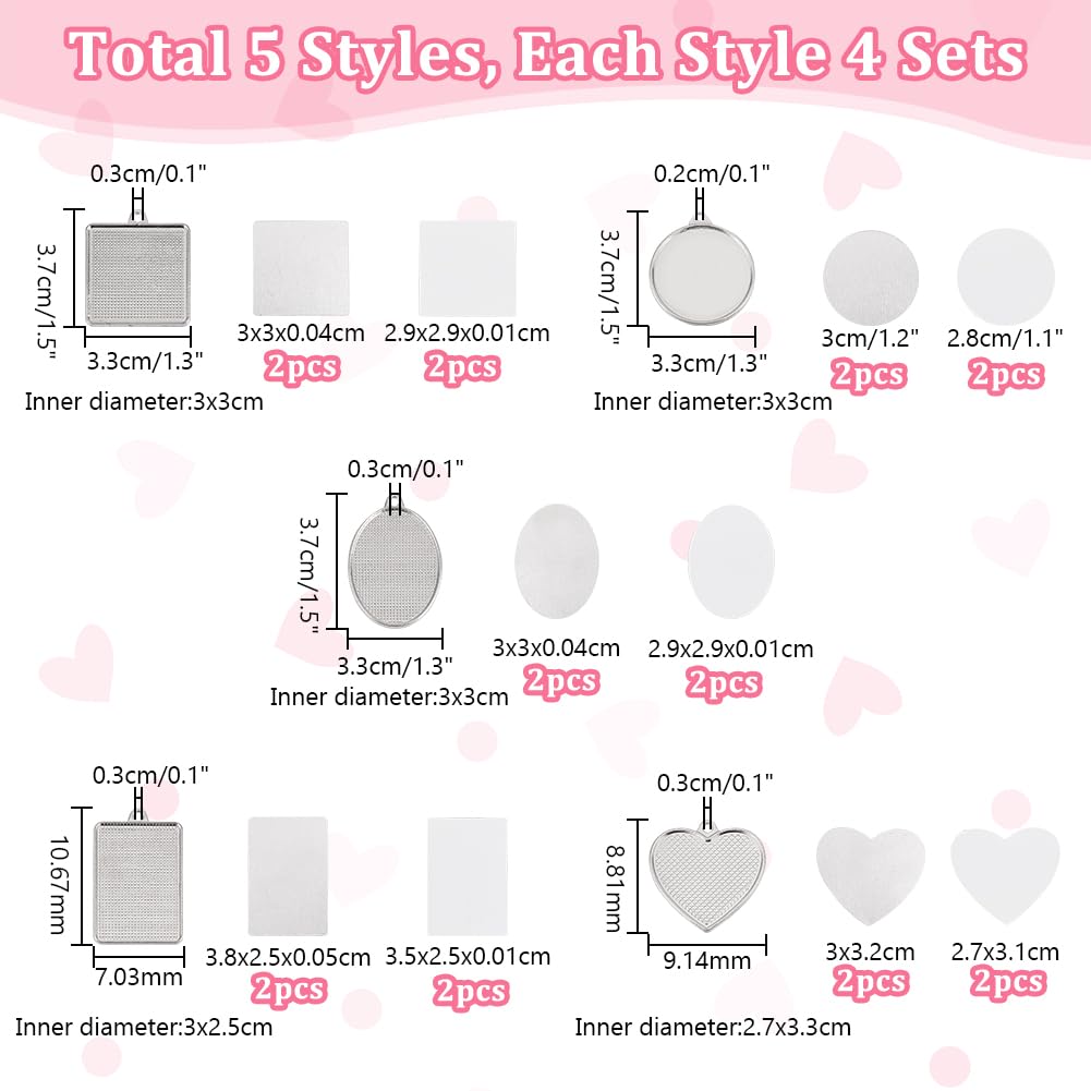 PH PandaHall 20pcs 5 Styles Heat Transfer Pendants, Metal Pendant Blanks Heart/Round Craft Bezel Setting Blank Photo Bezel Charms for Sublimation Bracelets Keychains DIY Jewelry Making PH PandaHall