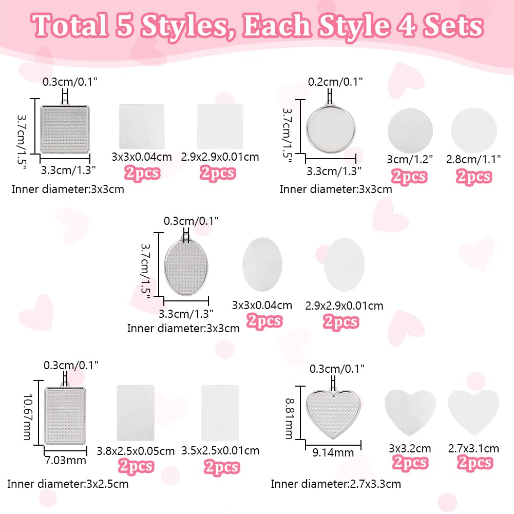 PH PandaHall 20pcs 5 Styles Heat Transfer Pendants, Metal Pendant Blanks Heart/Round Craft Bezel Setting Blank Photo Bezel Charms for Sublimation Bracelets Keychains DIY Jewelry Making