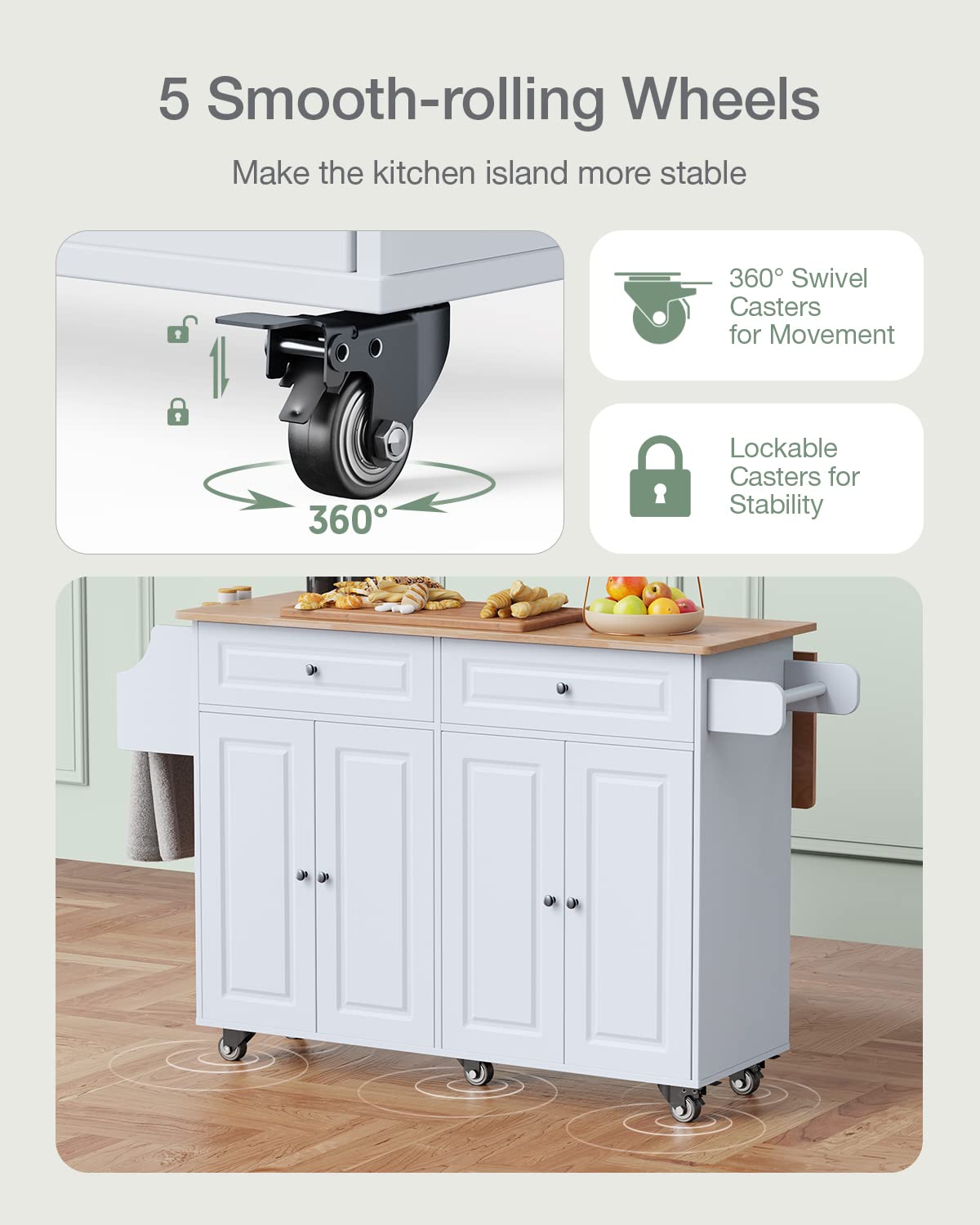 Qsun Kitchen Island on Wheels Kitchen Cart with Rubber Wood Top, Mobile Kitchen Island with Double Storage Cabinet and Drawers, Table (White) Qsun