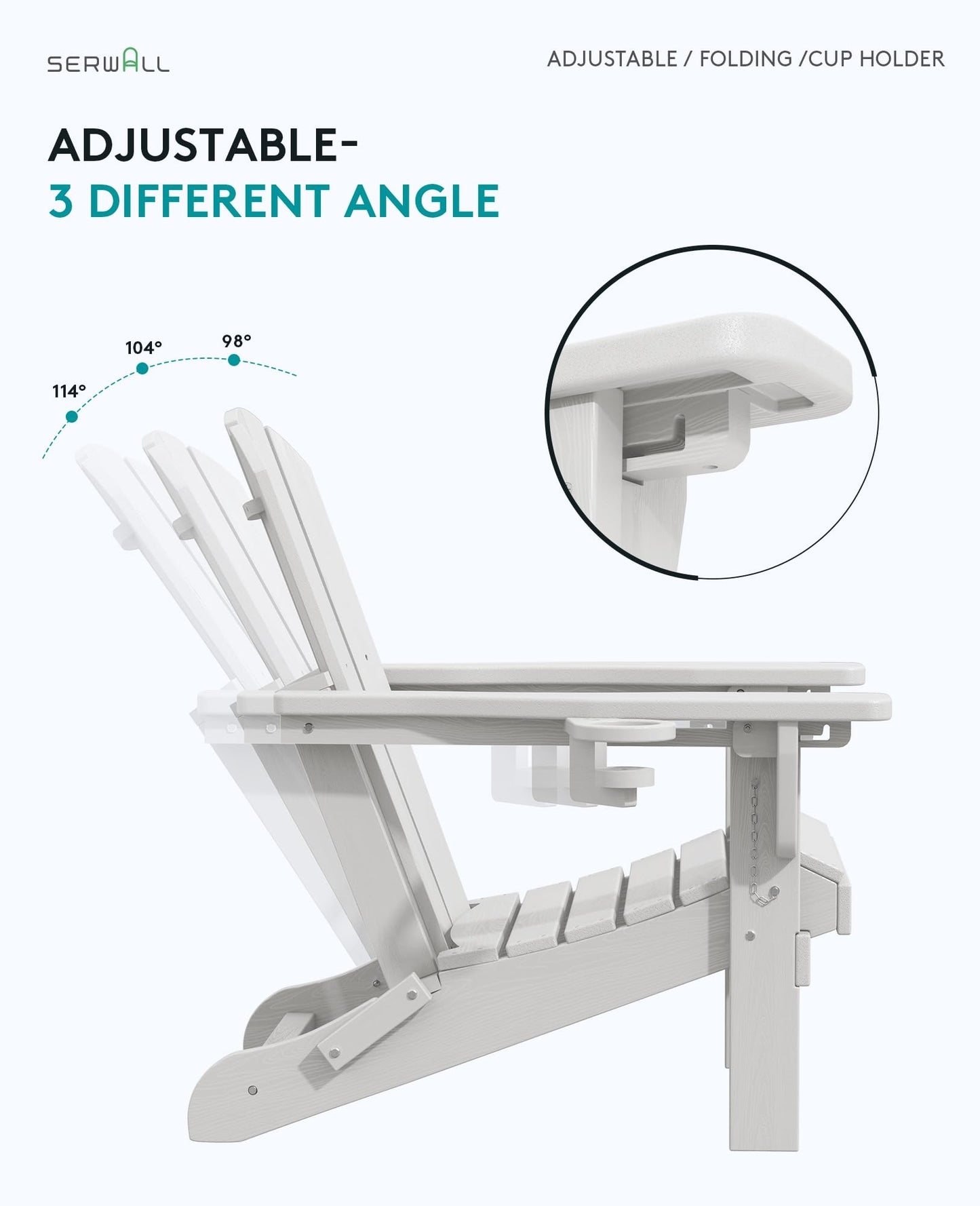 SERWALL Folding Adirondack Chair, Reclining Adirondack chair with Cup Holder, Adjustable Adirondack Chair with 3 Recline Positions, All Weather HDPE Outdoor Adirondack, White - WoodArtSupply