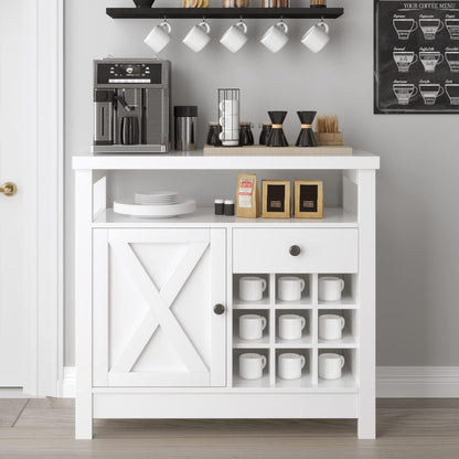 4ever2buy White Coffee Bar Cabinet with Storage, Farmhouse Buffet Cabinet with Barn Door and Wine Rack, Coffee Station with Drawer, 32 inch Coffee Bar Cabinet with Adjustable Shelf, Dining Living Room