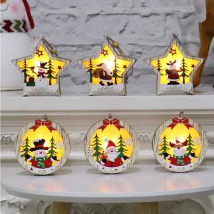 Amosfun 3pcs LED Light Up Christmas Wooden Ornaments Wood Round Shapes with Reindeer Snowman Santa Claus Pattern Hanging Christmas Tree Decoration Christmas Night Lights