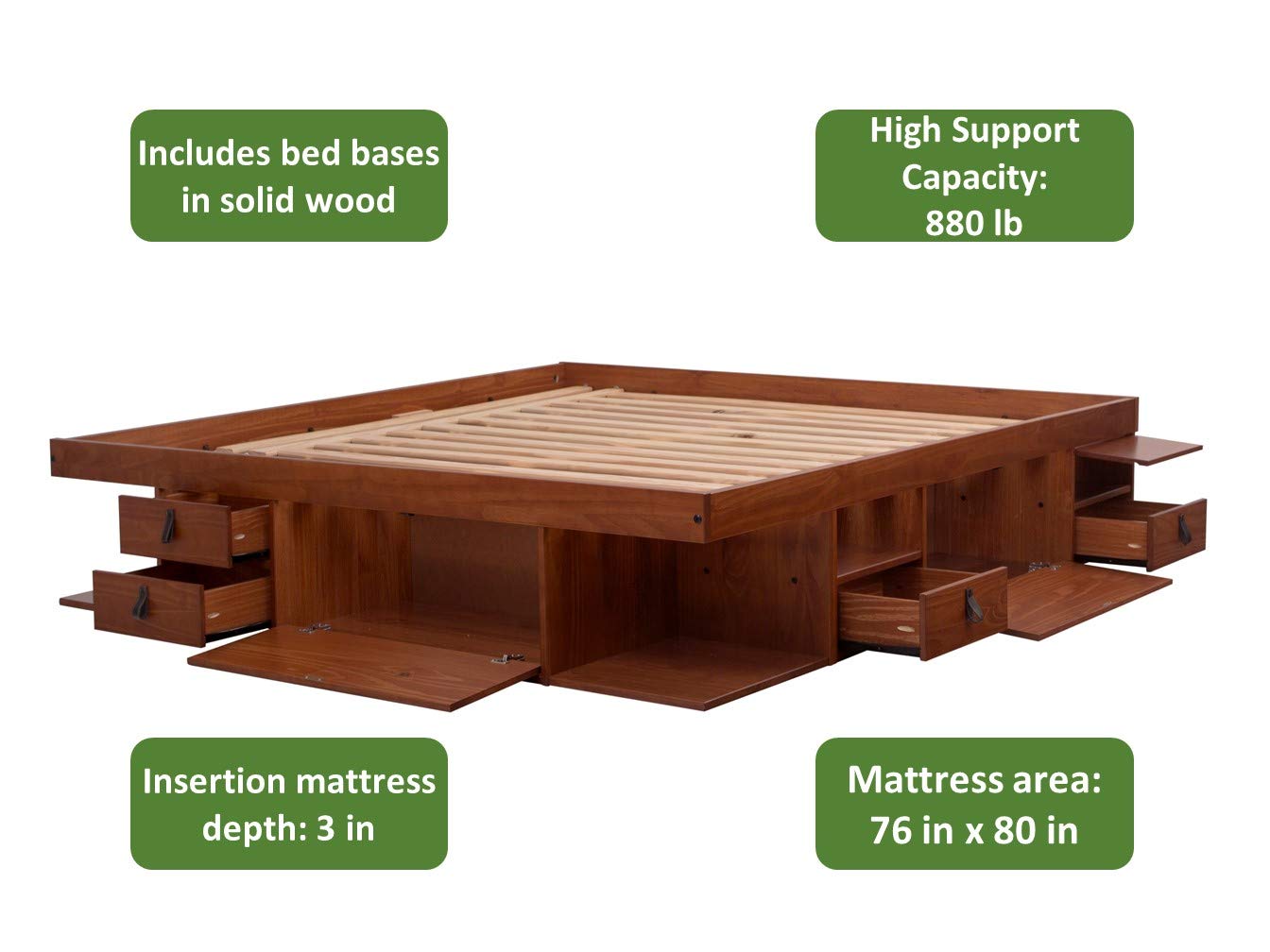 Bali Storage Platform Bed with Drawers in Caramel Brown Wood - King Size - WoodArtSupply