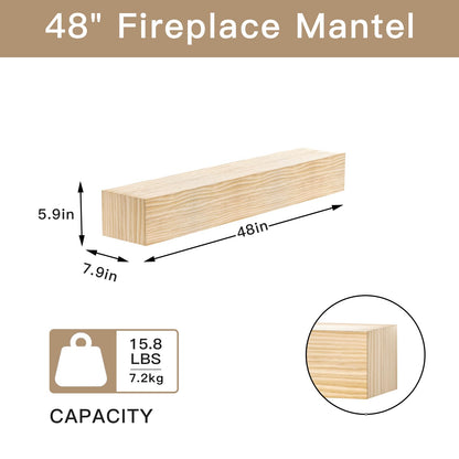 POPRHINO Fireplace Mantel Shelve, Solid Wood Baked Finish Wall-Mounted Floating Shelf for Over Fireplace, Handcrafted Floating Fireplace Mantels with Wooden Bracket, 48 x 8 x 6 Inches, Natural