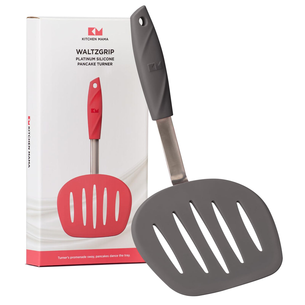 Kitchen Mama WaltzGrip Platinum Silicone Pancake Spatula Turner: Heat-Resistant, Slotted Tapered Head, Stainless Steel Core, Durable, Dishwasher-Safe, Ideal for Flipping and Wok Use (Metal Gray) Kitchen Mama