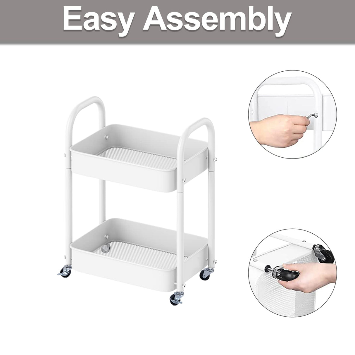 2 Tier All-Metal Rolling Cart, Rolling Storage Cart with Handle and Locking Wheels Kitchen Cart Laundry Office Bathroom Storage Organizer Cart, White Melody House
