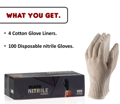 Nechtik BBQ Gloves disposable - 4 Cotton Glove Liners and 100 Disposable Gloves - Meat Gloves - Machine Washable - Powder Free Latex Free, Black Nitrile Gloves