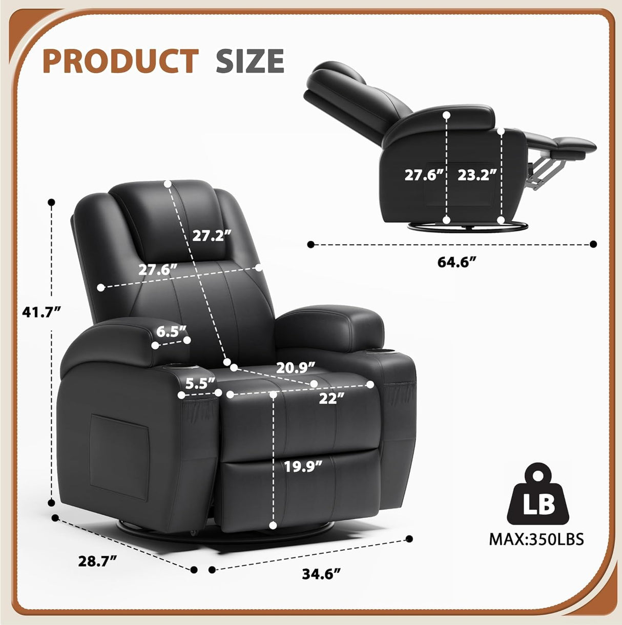 Flamaker Swivel Rocker Recliner Chair with Vibration Massage, 360° Swivel Recliner Chairs for Adults Ergonomic Lounge Chair with Cup Holders Lazy Boy Recliner Single Sofa Seat (Leather, Black) Flamaker