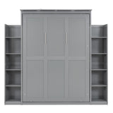 Merax Full Size Murphy Bed, Wooden Full Wall Bed with Shelves and LED Lights, Gray Merax