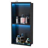 Bernkot Led Shower Niche with RGB Light 24" X 12" Matte Black 304 Stainless Steel Shower Niche with 2-Tiers Shelves Waterproof No Tile Needed Recessed Niches Shower for Bathroom Storage Bernkot