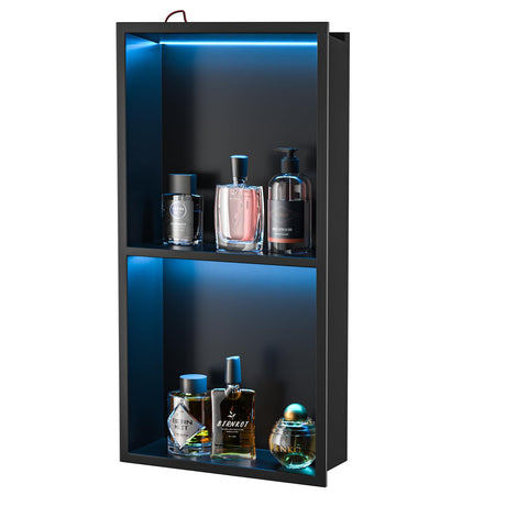 Bernkot Led Shower Niche with RGB Light 24" X 12" Matte Black 304 Stainless Steel Shower Niche with 2-Tiers Shelves Waterproof No Tile Needed Recessed Niches Shower for Bathroom Storage Bernkot