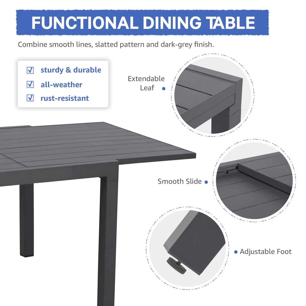 Soleil Jardin 7-Piece Outdoor Patio Dining Set, 35" - 71" Aluminum Expandable Outdoor Dining Table Set for 6, 6 Stackable Chairs with Gray Removable Cushions, Dark-Grey Soleil Jardin