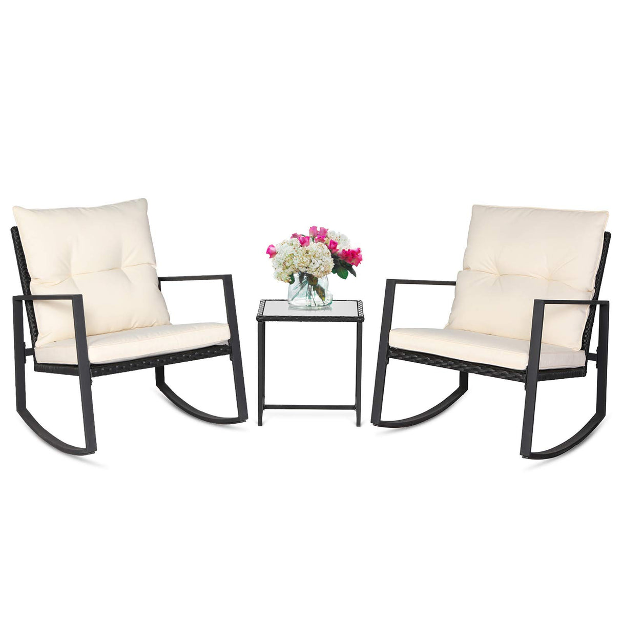 SUNCROWN 3 Piece Outdoor Rocking Bistro Set Black Wicker Furniture Porch Chairs Conversation Sets with Glass Coffee Table, Beige SUNCROWN