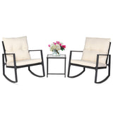 SUNCROWN 3 Piece Outdoor Rocking Bistro Set Black Wicker Furniture Porch Chairs Conversation Sets with Glass Coffee Table, Beige SUNCROWN