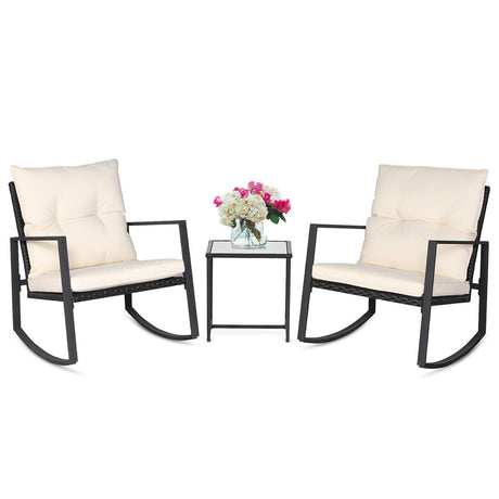SUNCROWN 3 Piece Outdoor Rocking Bistro Set Black Wicker Furniture Porch Chairs Conversation Sets with Glass Coffee Table, Beige SUNCROWN