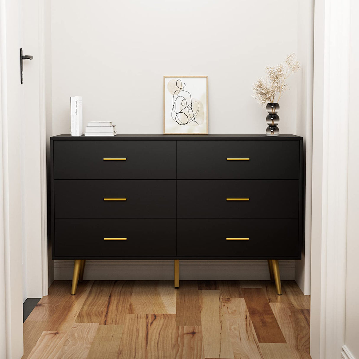 RESOM Black 6 Drawer Dresser for Bedroom, Wooden Black Double Dresser with Gold Handles, Modern Chest Dresser with Deep Drawers for Living Room, Hallway RESOM