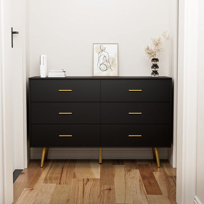 RESOM Black 6 Drawer Dresser for Bedroom, Wooden Black Double Dresser with Gold Handles, Modern Chest Dresser with Deep Drawers for Living Room, Hallway - WoodArtSupply