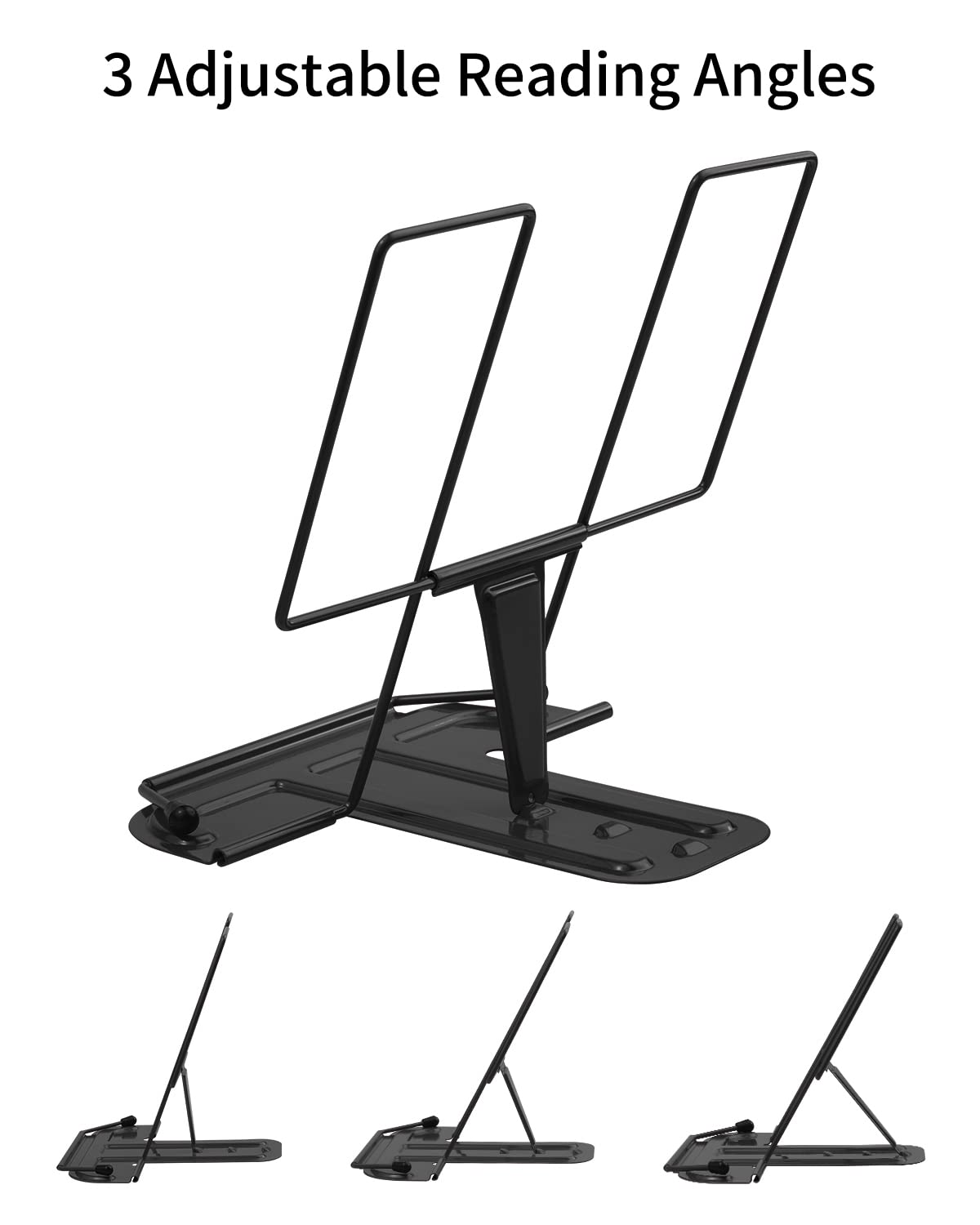 MSDADA Metal Book Stand for Desk, Adjustable Reading Rest Book Holder, Portable Cookbook Documents Holder, Sturdy Typing Stand for Recipes Textbooks Tablet Music Books with Page Clips (Black) MSDADA