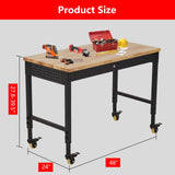 EuKer Workbench 48x24 Inch, Adjustable Height Worktable for Garage, Rubber Wood Top & Cold-Rolled Steel Table Workbench, Heavy Duty Workstation with Power Outlets & Wheels, 2000 Lbs Load Capacity Euker