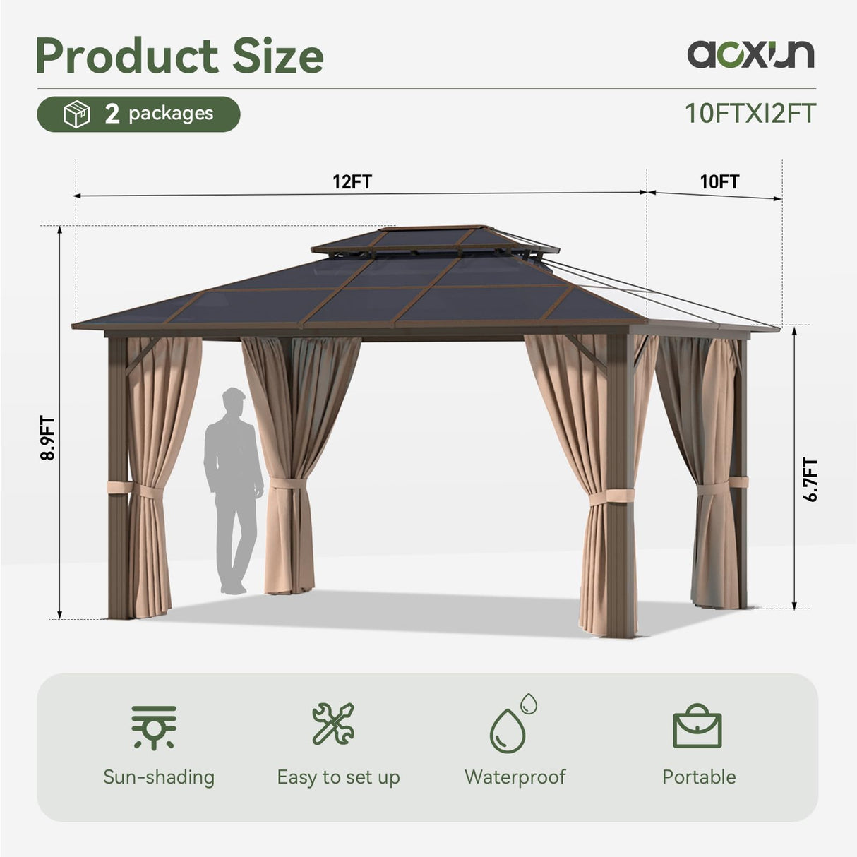 Aoxun 10'x12' Hardtop Gazebo, Aluminum Frame Permanent Pavilion with Curtains and Netting, Outdoor Polycarbonate Gazebo, Double Roof Canopy, for Gardens, Patios, Lawns Aoxun