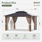 Aoxun 10'x12' Hardtop Gazebo, Aluminum Frame Permanent Pavilion with Curtains and Netting, Outdoor Polycarbonate Gazebo, Double Roof Canopy, for Gardens, Patios, Lawns Aoxun
