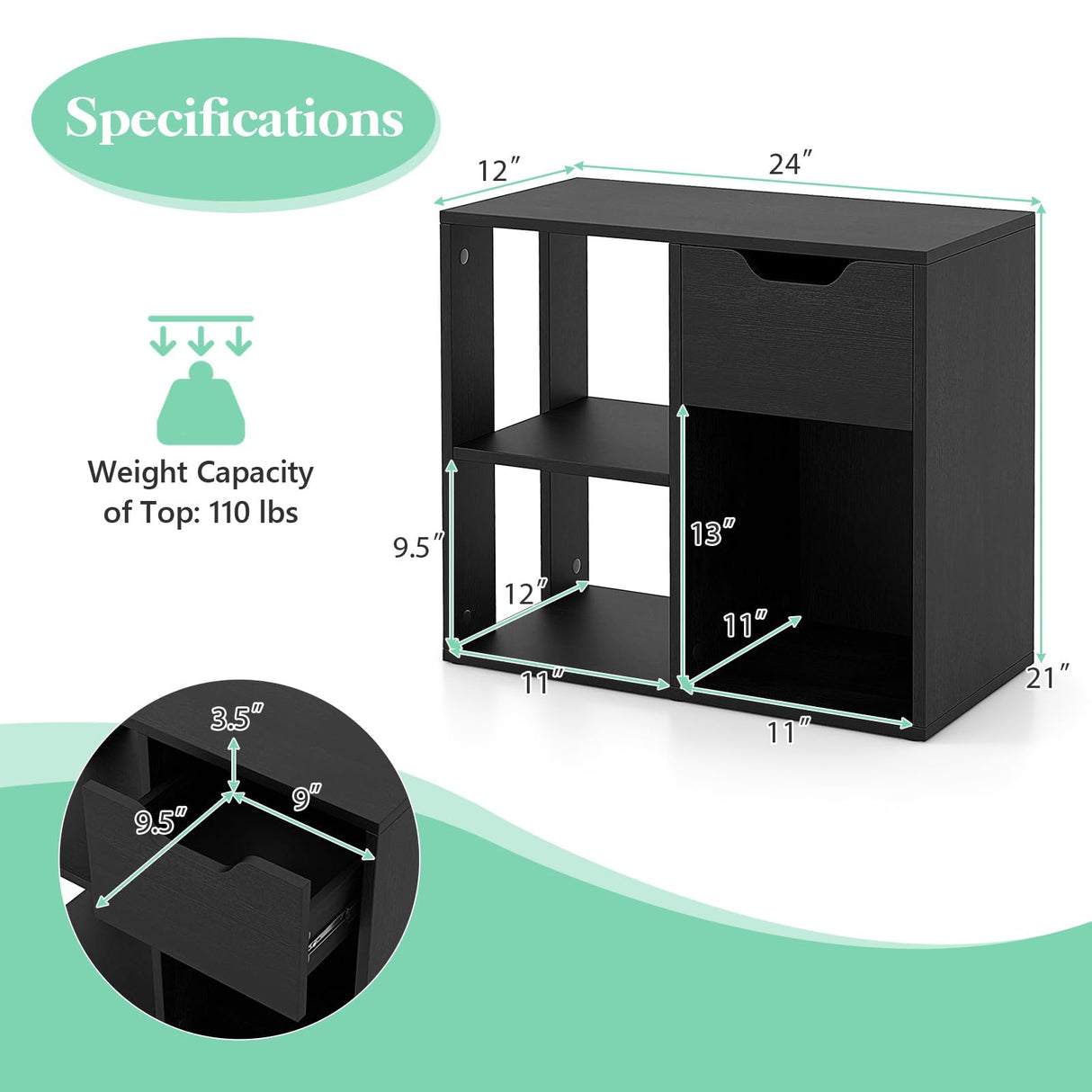 Giantex 3 Cube Bookcase with Drawer, 2 Tier Bookshelf for Small Spaces, Modern Freestanding Display Rack with Open Shelves, Book Case, Wood Cube Storage Organizer Bedroom Living Room, Black Giantex