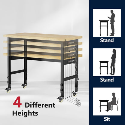 48'' Adjustable Workbench, 4 Heights Work Bench with Wheels and Power Outlets, 2000 LBS Heavy Duty Work Bench Table, Hardwood Work Benches for Garage, Workshop, Office, Home - WoodArtSupply