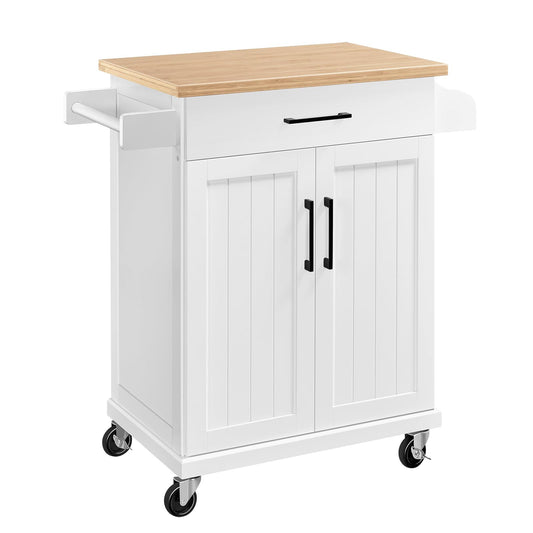 Topeakmart Kitchen Island Cart with Storage Cabinet and 1 Drawer, Rolling Kitchen Cart with Towel Rack & Spice Rack, Bamboo Countertop, White