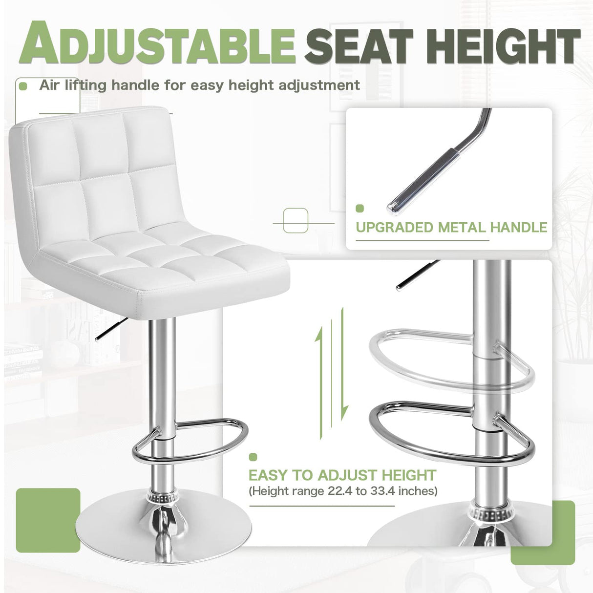 Furmax Bar Stools Modern Pu Leather Swivel Adjustable Hydraulic Bar Stool Square Counter Height Stool Set of 2 (White) Furmax