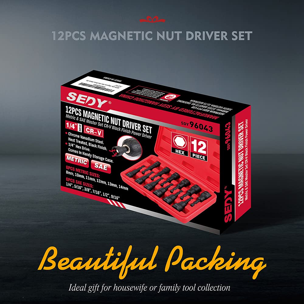 12-Piece Magnetic Nut Driver Set - Premium Impact Power Hex Nut Driver Drill Bit Master Kit, SAE & Metric, 1/4-Inch Quick-Change - WoodArtSupply