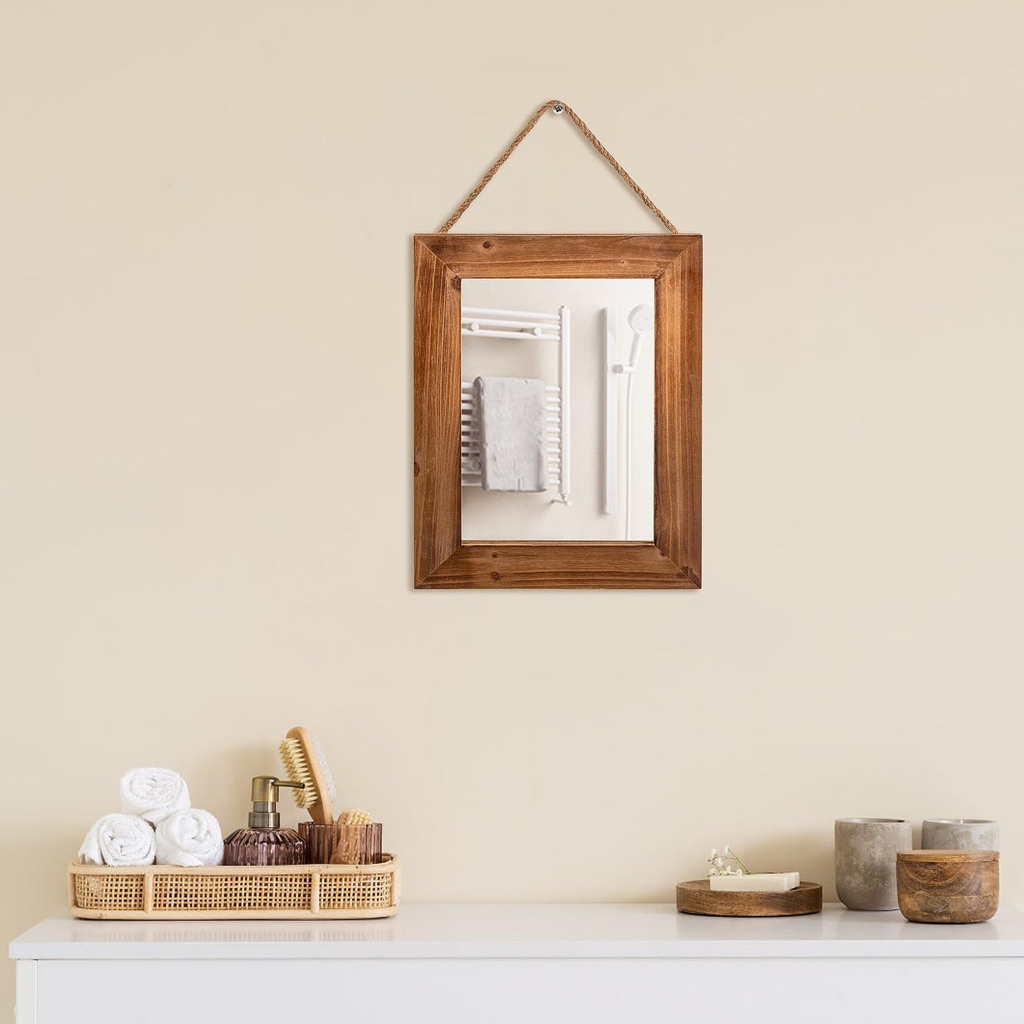 OKSQW Farmhouse Wall Mirror Brown Rectangle Rustic Wood Mirror 16 X 12 Inch Decorative Wood Frame with Mirror and Hanging Hemp Rope, Hanging Mirror