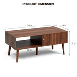 LCRBOL Coffee Table with Storage, Mid Century Dining Table with Sliding Fluted Door and Solid Wood Legs, Small Coffee Tables for Living Room, Walnut LCRBOL